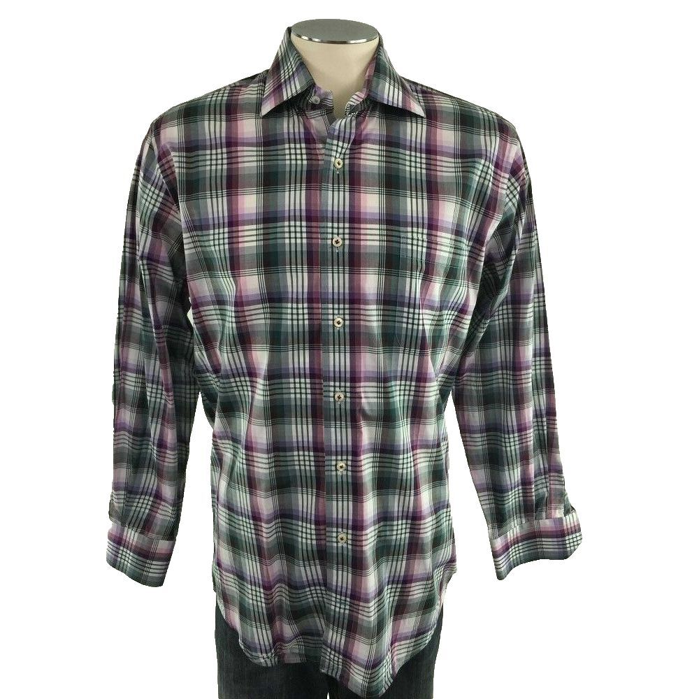 Peter Millar Button Front Shirt Medium Purple Green White Plaid Checks Mens